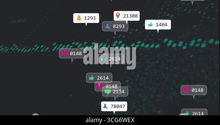 Displaying labels with bell, thumbs-up, heart icons on dark data dashboard, with turquoise waves Stock Photo