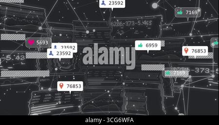 Displaying abstract digital network graphic in virtual dashboard, with social media metric widgets Stock Photo