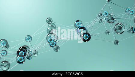 Displaying transparent and glowing blue metallic spheres flowing along filaments in digital space Stock Photo
