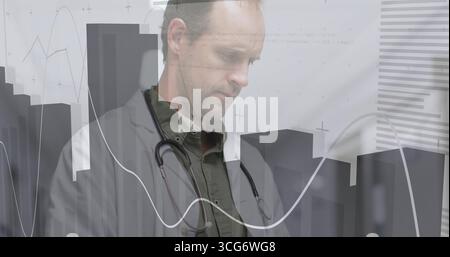 Analyzing physician wearing lab coat stethoscope reviewing charts in lab, with digital data overlay Stock Photo
