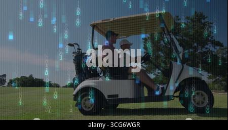 Two golfers sitting in golf cart on fairway grass, clubs and steering wheel, binary code overlay Stock Photo