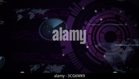 Projecting HUD graphic on right in HUD environment, with radar-like display and pixelated world map Stock Photo