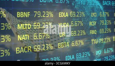 Displaying parabolic mesh dish projecting tickers, percentages in data space with network sphere Stock Photo