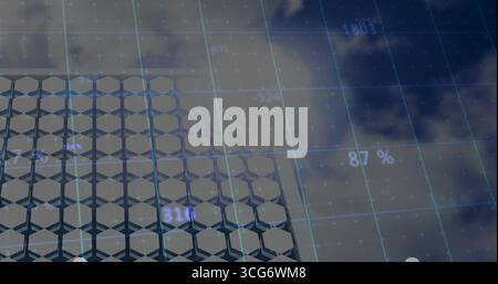 Displaying abstract hexagonal column grid in digital space, with numeric labels and cloud motif Stock Photo