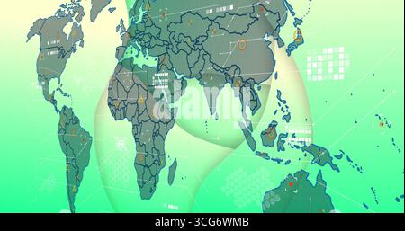 Digital world map graphic displaying hex grid, data nodes and ribbon overlays in virtual interface Stock Photo