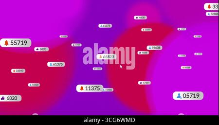 Displaying data bubbles on purple red gradient background with bell thumbs up user silhouette icons Stock Photo