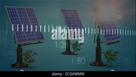 Displaying three photovoltaic solar panels on mounts in studio, with plants and numeric overlays Stock Photo