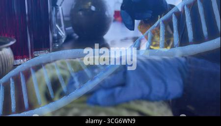 Displaying 3D DNA double-helix graphic over lab bench, with micropipette, test tube rack and flask Stock Photo