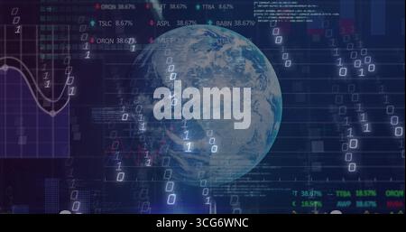 Showing Earth globe streaming binary digits, tickers, line charts, code, grid overlay on screen Stock Photo
