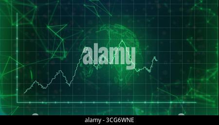 Displaying neon green line graph pulsating across virtual analytics dashboard, with wireframe globe Stock Photo