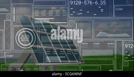Displaying interface overlaying soccer field with white metal goal frame and data visualizations Stock Photo