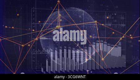 Displaying dotted 3D sphere with bar charts, line graphs in analytics interface with glowing nodes Stock Photo