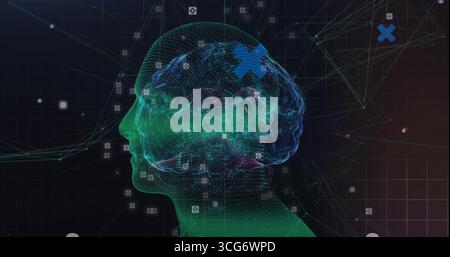 Displaying wireframe head silhouette with digital brain overlay in virtual network, with data icons Stock Photo
