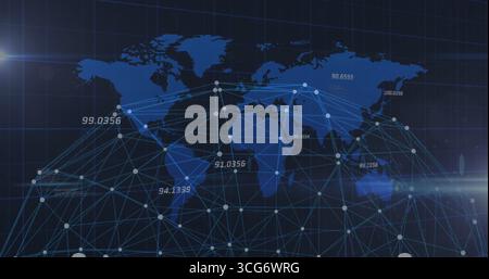 Displaying network map on dashboard, with white nodes, blue lines, data labels, grid, light flare Stock Photo
