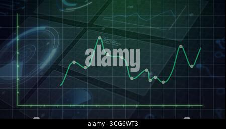 Displaying bright green fluctuating line chart on digital dashboard, with grid axes and radar HUD Stock Photo