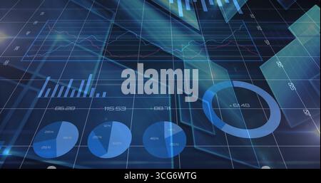 Displaying dashboard showing line chart, bar chart on screen, with pie and ring charts, overlays Stock Photo