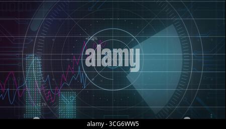 Displaying futuristic digital dashboard interface, showing radial HUD, magenta and cyan line graphs Stock Photo