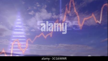 Displaying digital line graph overlay across rural countryside, with red line and blue bars Stock Photo