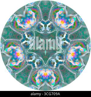 Kaleidoscopic montage of patterns on a soap bubble showing light interference patterns. The pattern and colours on the surface of the bubble are caused by light reflecting from both the front and back of the soap film. The thickness of the film varies across the surface of the bubble, affecting the wavelength of incident white light. Certain wavelengths of white light are extinguished, producing colour interference patterns. Stock Photo