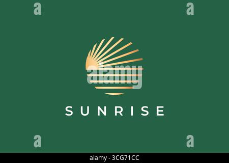 Sunrise or Dawn Logo Shining Morning Linear Circle Shape Gold and Luxury Sign Symbol Stock Vector