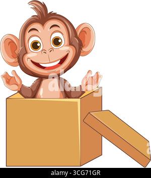 Cute cartoon baby monkey with big eyes and open arms popping from cardboard box, vector. Stock Vector