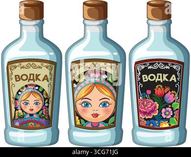 Three vodka bottles with colorful matryoshka doll labels and floral folk art, vector style. Stock Vector