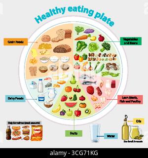 Colorful vector infographic of a food plate divided into labeled healthy food groups. Stock Vector