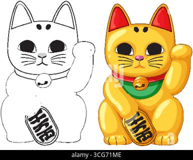 Maneki Neko cat in color and outline, bold lines, flat colors, isolated on white Stock Vector