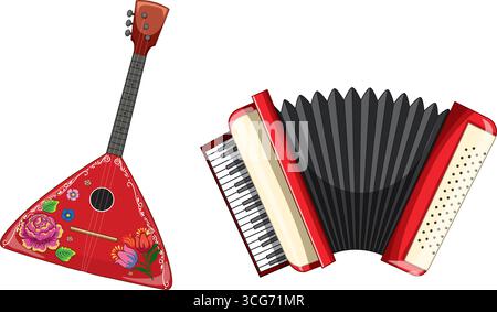 Vibrant vector of floral balalaika and red accordion in colorful folk art style, isolated. Stock Vector