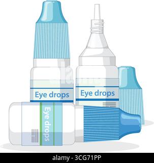 Flat vector illustration of various eye drop bottles with blue caps on a white background. Stock Vector