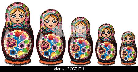 Five colorful Russian nesting dolls with intricate floral designs, arranged in a row on white. Stock Vector