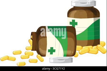 Vector illustration of two brown medicine bottles with green labels and yellow capsules on white. Stock Vector