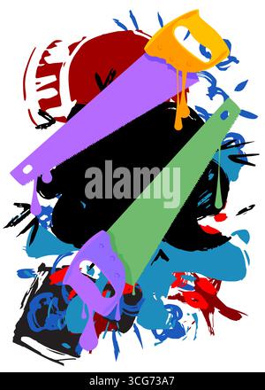 Saw graffiti. Abstract modern street art decoration performed in urban painting style. Stock Vector