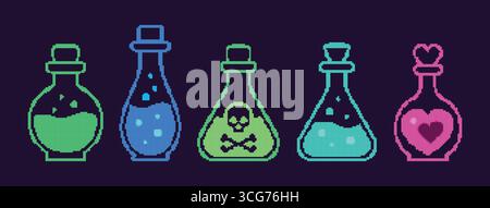 Five bright glass bottles in varied shapes glow along a black strip suggesting fantasy alchemy. Stock Vector