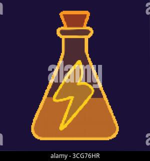 A golden conical flask displays a bold lightning bolt for charged energy. Stock Vector