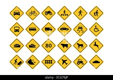 Various Traffic Warning Signs with Black Icons on Yellow Background Stock Vector