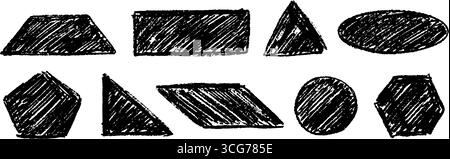 Black scribbled shape set. Hand drawn charcoal geometric doodle collection. Crayon textured form pack for sticker, patch, badge. Vector childish sketched ellipse, rectangle, triangle, circle elements  Stock Vector