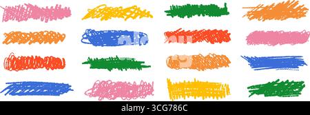 Bright colorful childish scribble set. Colored crayon doodle line and stripe collection. Hand drawn rough charcoal brushstroke element pack. Pastel pencil curly, wavy, squiggly stroke bundle. Vector Stock Vector