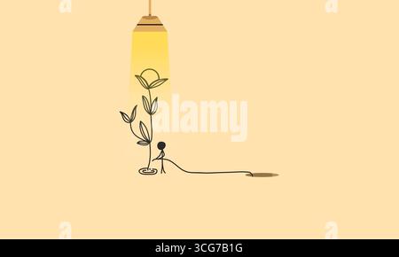 Minimalist Stick Figure Watering a Growing Plant Under Lamp Light. Symbolizing Hope, Growth and Nurturing Stock Vector