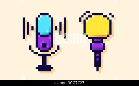 8-bit pixel art color icons. Two microphones of different shapes. Stock Vector