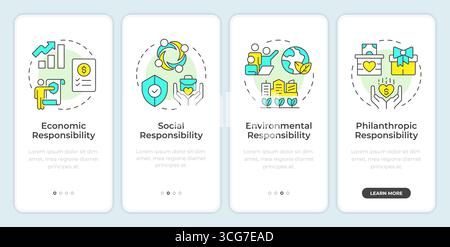 Types of corporate social responsibility onboarding mobile app screen Stock Vector