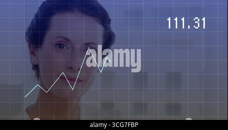 Displaying mid adult woman's face in office, with transparent grid and rising line graph 111 Stock Photo