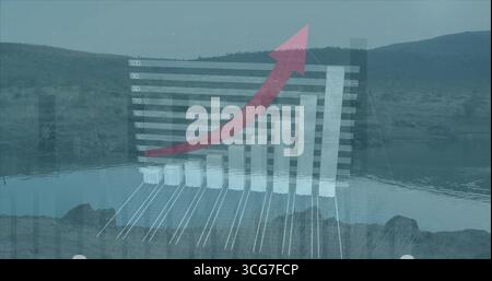 Floating 3D bar chart showing ascending bars above lake shore, with translucent grid, red arrow Stock Photo
