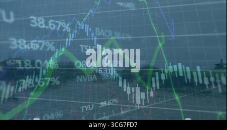Presenting market data overlaying dock with trend line, bars, lines, percentages, symbols and grid Stock Photo