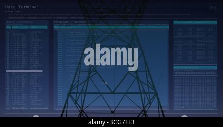 Displaying terminal UI overlaying lattice transmission tower in remote corridor, with code panels Stock Photo