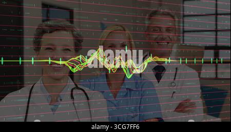 Smiling professionals in white coats, scrubs standing in clinic, with stethoscopes, ECG waveform Stock Photo