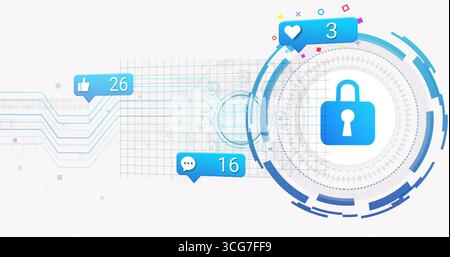 Displaying blue padlock icon inside concentric rings at GUI, with social metric bubbles, copy space Stock Photo
