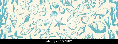 Nautical bg with boho shell seamless pattern for textile design - turquoise starfish, scallops and coral elements. Marine life motifs with seaweed and bubbles for beach themed decoration or fabric. Stock Vector