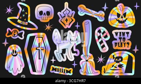 Spooky holographic Halloween collection with iridescent ghost, coffin and skull elements for party decorations or digital stickers. Gradient hologram cat, pumpkin with witch hat and candy cane. Stock Vector