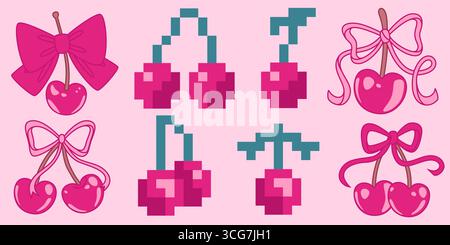 Cherry y2k aesthetic collection - pixelated berries with stems, glossy fruits with decorative bows and pink ribbons on pastel background. Retro digital graphics for nostalgic game interface design. Stock Vector